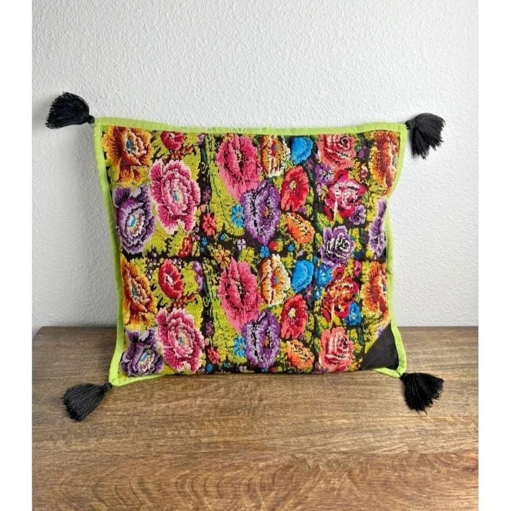 Vintage Handmade Floral Needlepoint Throw Pillow Tassels English Country Decor